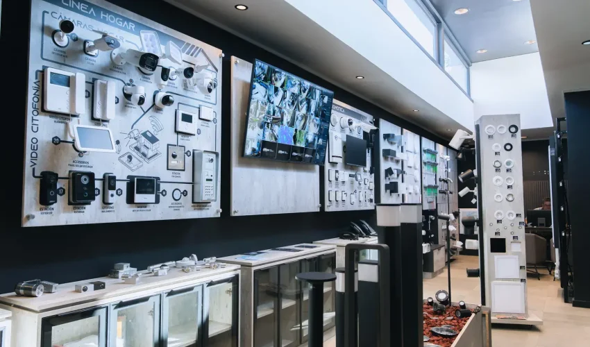 Pared de exhibición con cámaras, videoporteros y sistemas de seguridad en tienda Tecnowsky Los Ángeles